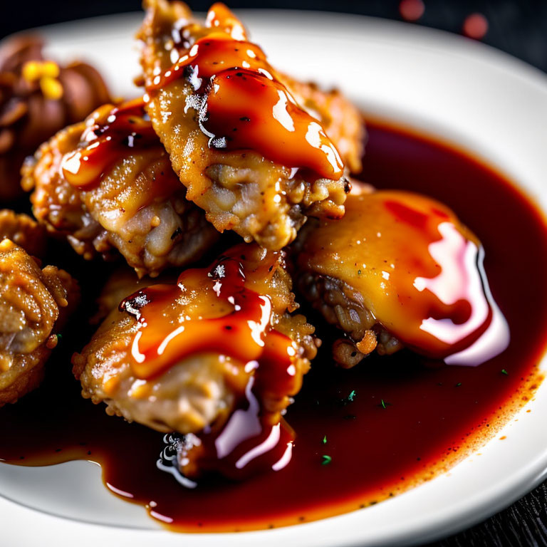 Saucy Glazed Chicken Wings with Herbs on White Plate