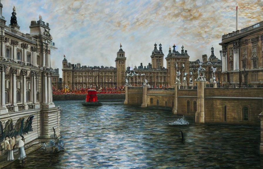 Red Bus Crossing Bridge Near Ornate Building with Spectators