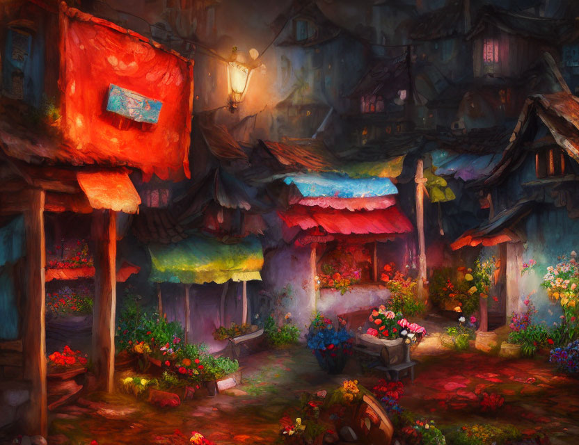 Colorful painting of cozy village at dusk with glowing lanterns & floral abundance