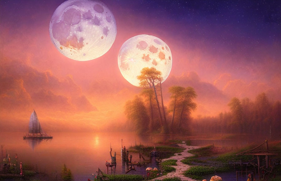 Surreal landscape featuring two moons, purple sky, sailboat, tree-lined shore, and lantern