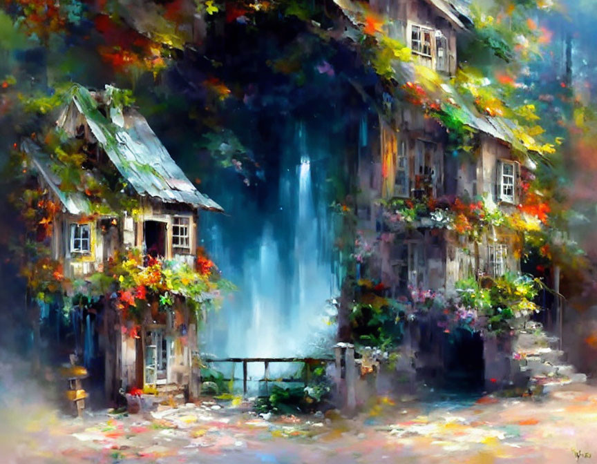 Scenic painting of rustic houses, lush foliage, and waterfall