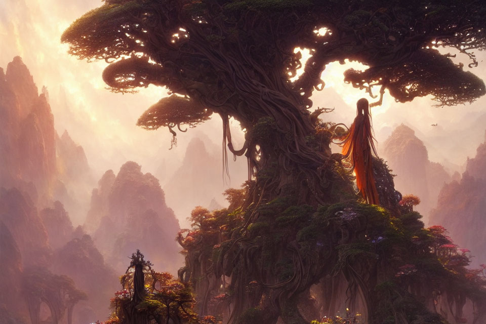 Ancient tree with intricate roots and lush foliage in misty mountain setting