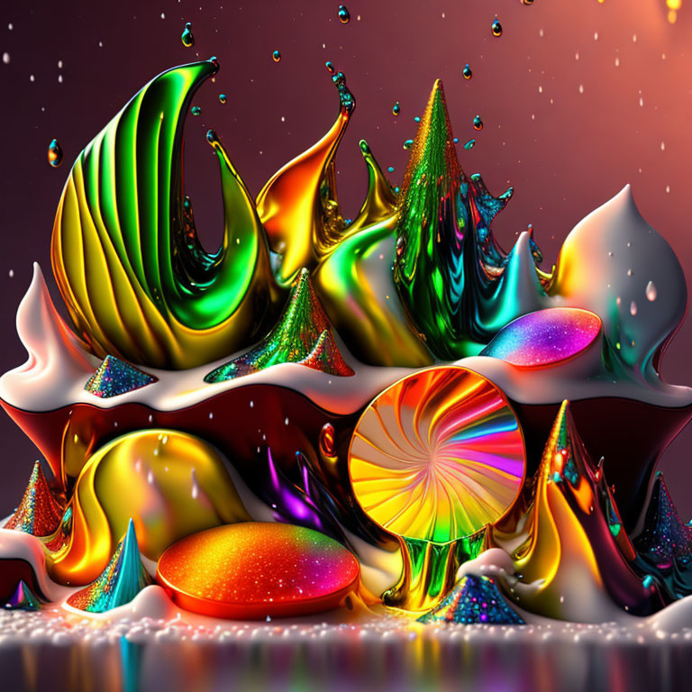 Colorful abstract digital art with glossy liquid shapes on soft bokeh background