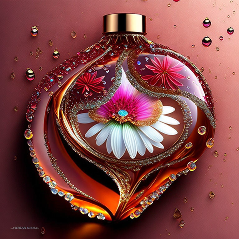 Heart-shaped perfume bottle with jewel and floral motifs on red background.