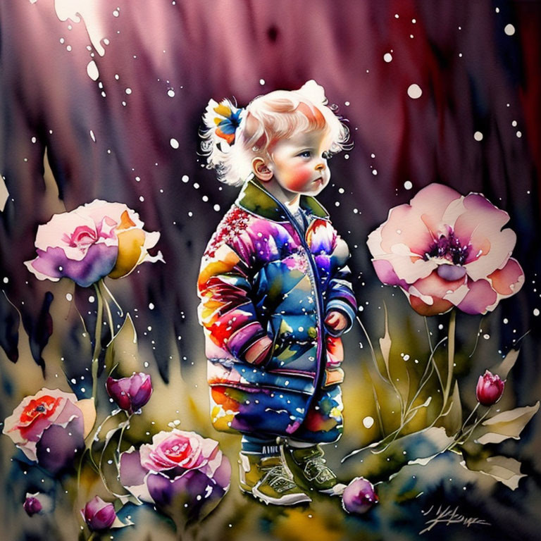 Vibrant illustration of child in whimsical flower setting