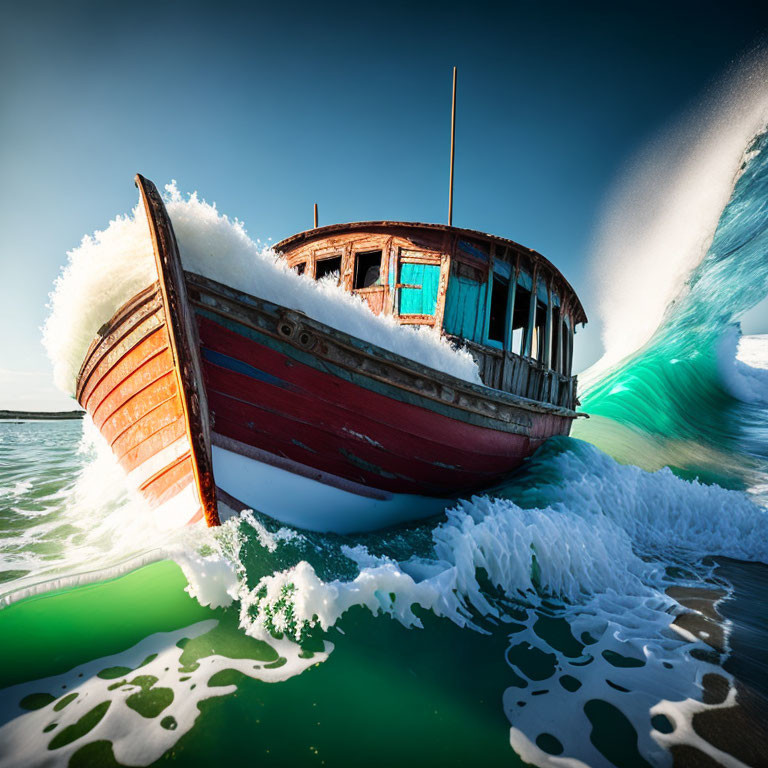 Dynamic Wooden Boat with Red and White Sides on Frothy Blue Wave