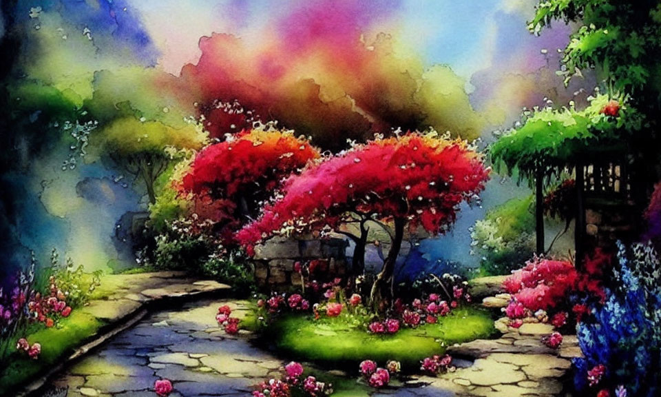 Colorful Watercolor Garden Scene with Stone Path and Gazebo