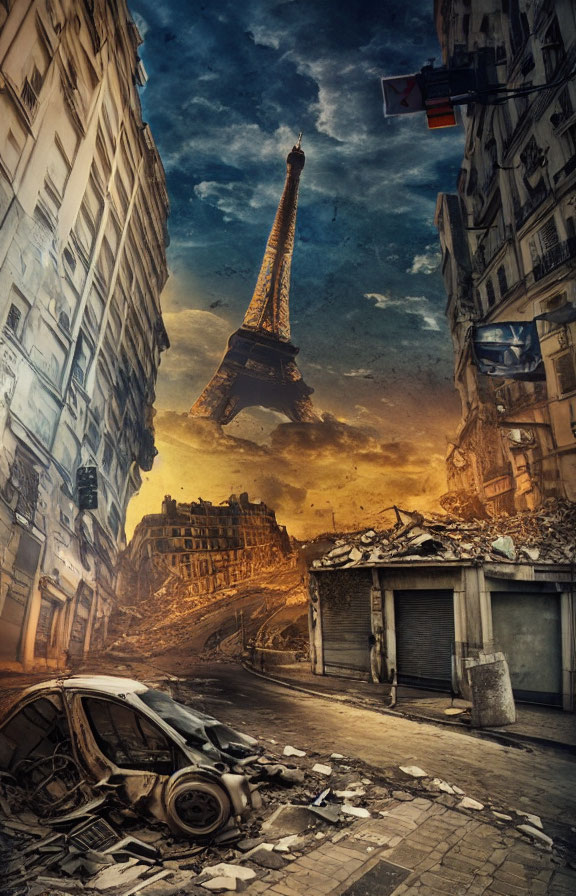 Desolate post-apocalyptic cityscape with Eiffel Tower and dramatic sky