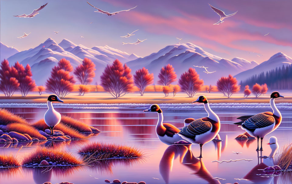 Tranquil autumn landscape with geese, lake, mountains, and sunset sky