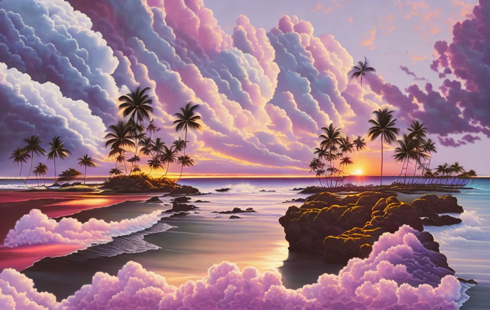 Tropical Beach Sunset with Purple Clouds and Palm Trees