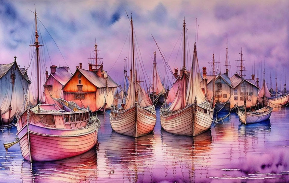 Tranquil harbor scene with sailing boats and colorful houses