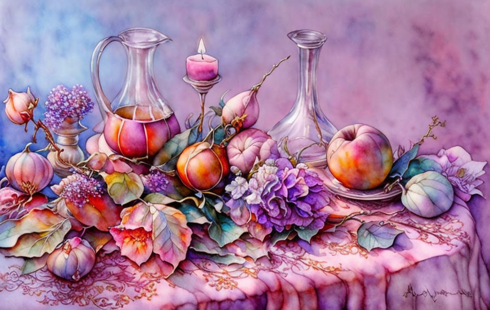 Vibrant still-life painting with fruits, flowers, glassware, and candle on drapery