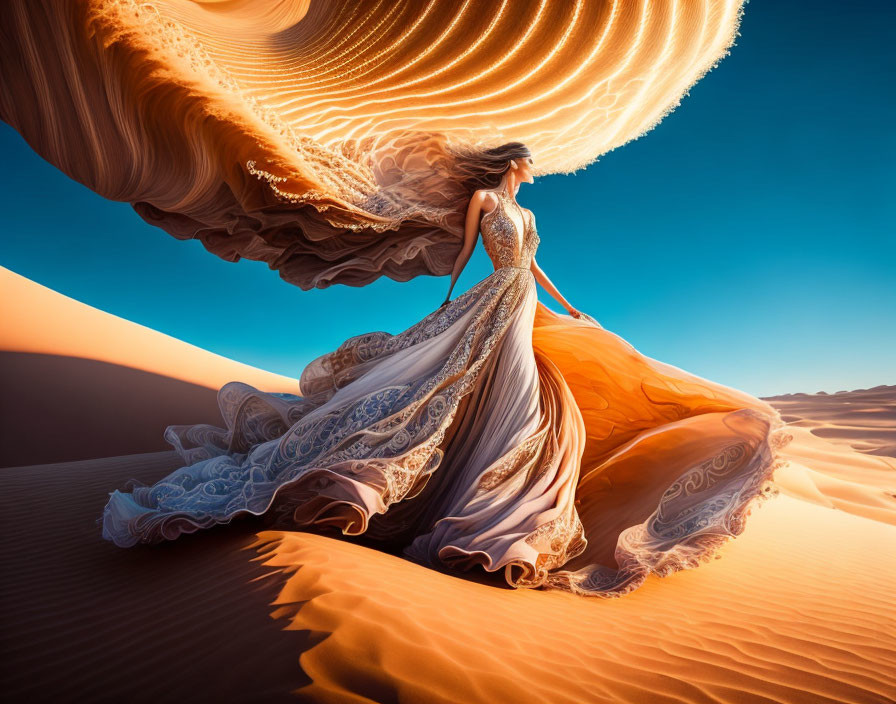 Woman in elegant gown standing in desert with flowing dress on sunny day