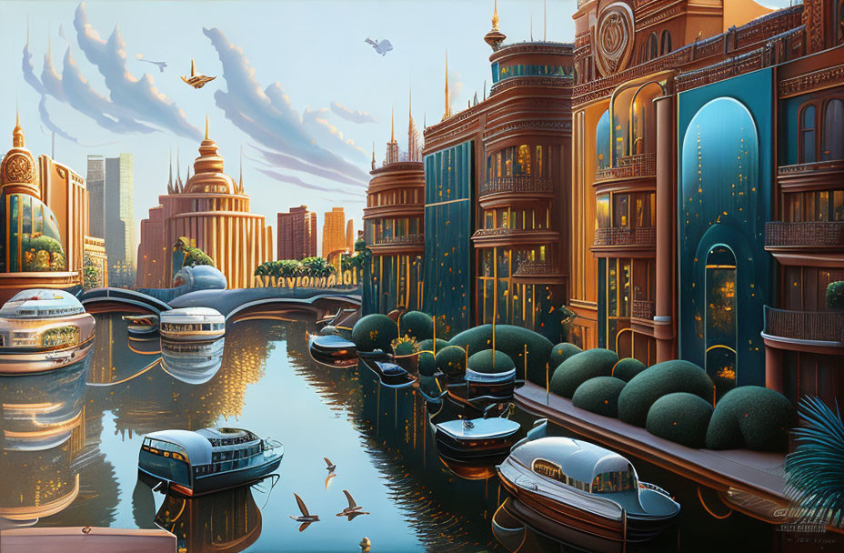 Cityscape blending traditional and modern architecture with water canals, boats, and flying vehicles under warm glowing