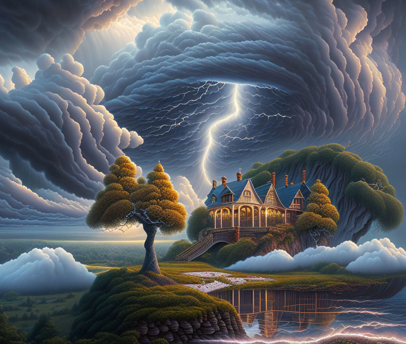 Victorian house on island bridge under swirling sky with lightning