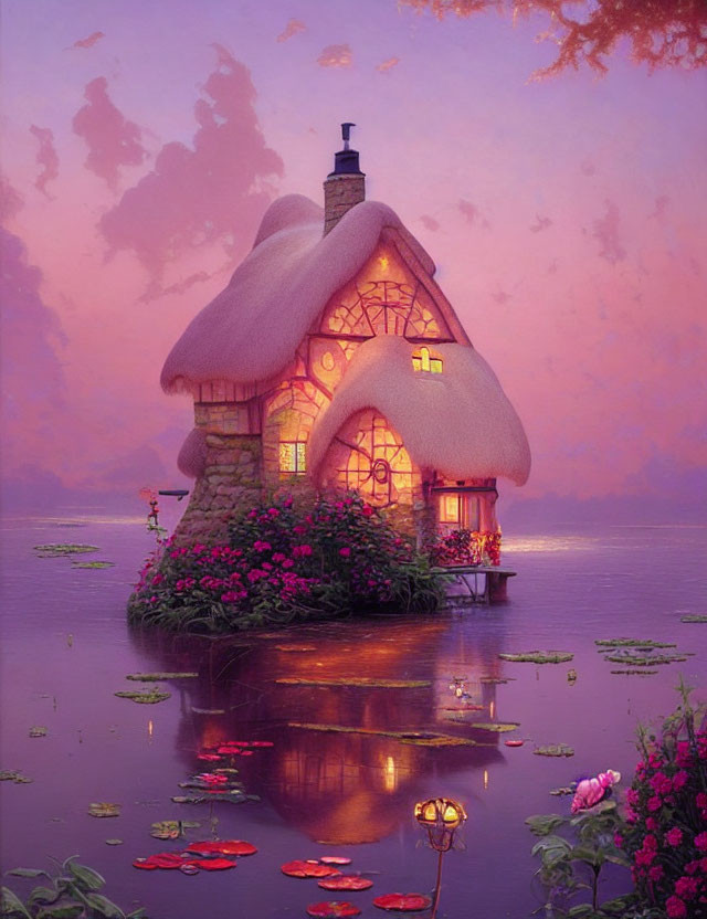 Thatched-Roof Cottage Surrounded by Lush Flora and Pond at Twilight