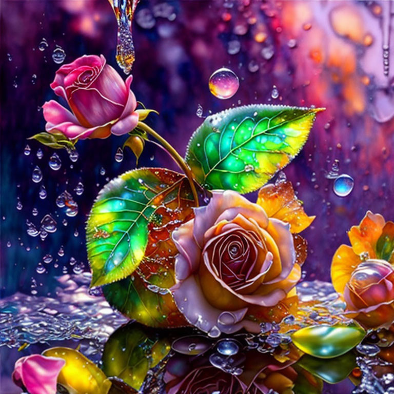 Colorful Roses with Dew Drops on Purple Bokeh Background