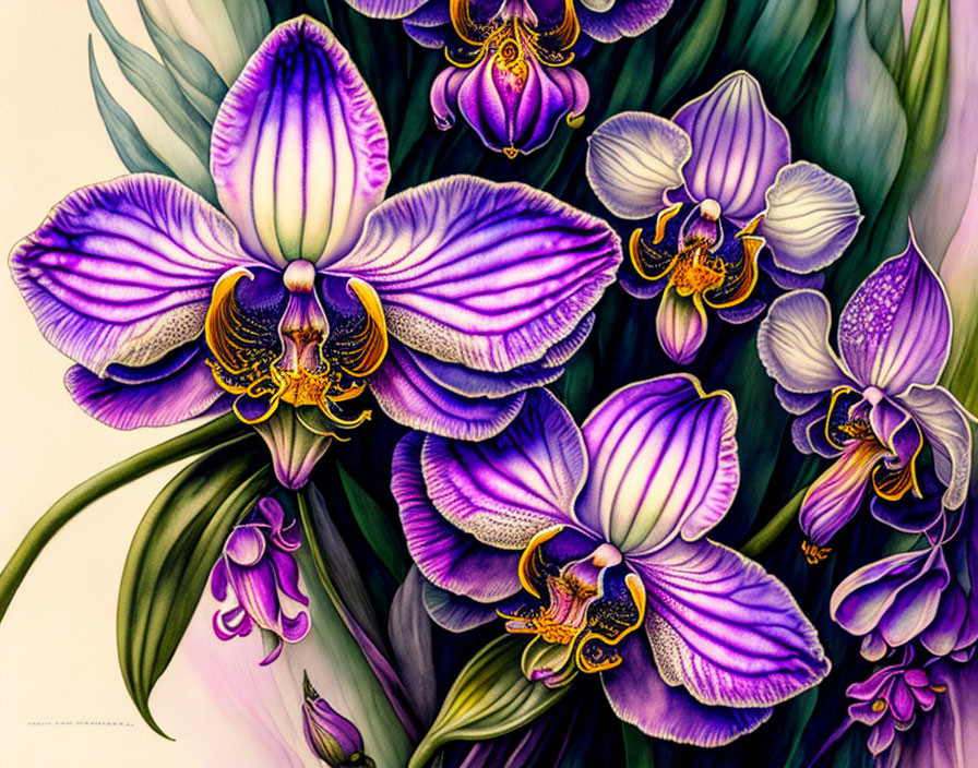 Detailed Purple Orchids Illustration with Yellow Accents