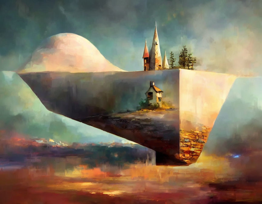 Surreal painting: Floating island with church and house under dramatic sky