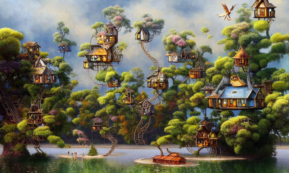 Enchanted forest scene with whimsical treehouses, lush greenery, serene lake, boat,