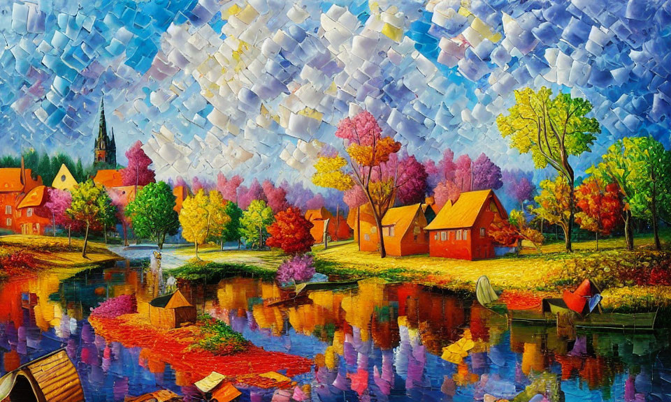 Vibrant village puzzle with colorful trees, river reflection, and transitioning sky.