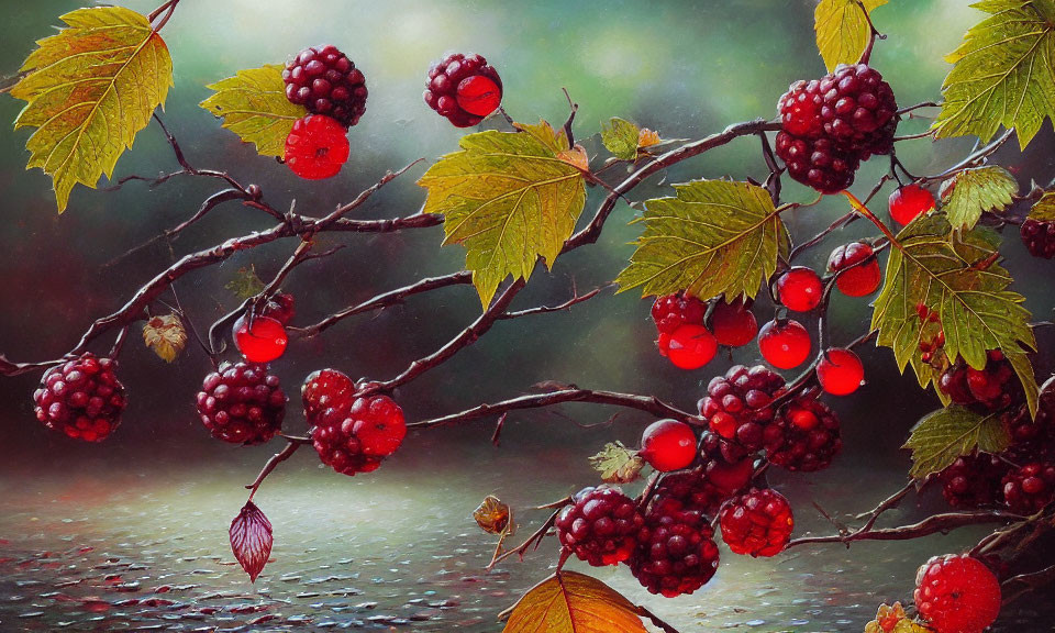 Ripe Blackberries and Red Berries on Branches with Water Droplets