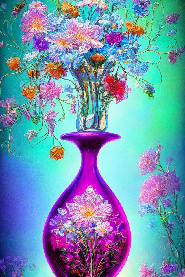 Colorful Flowers in Purple Vase on Blue Background