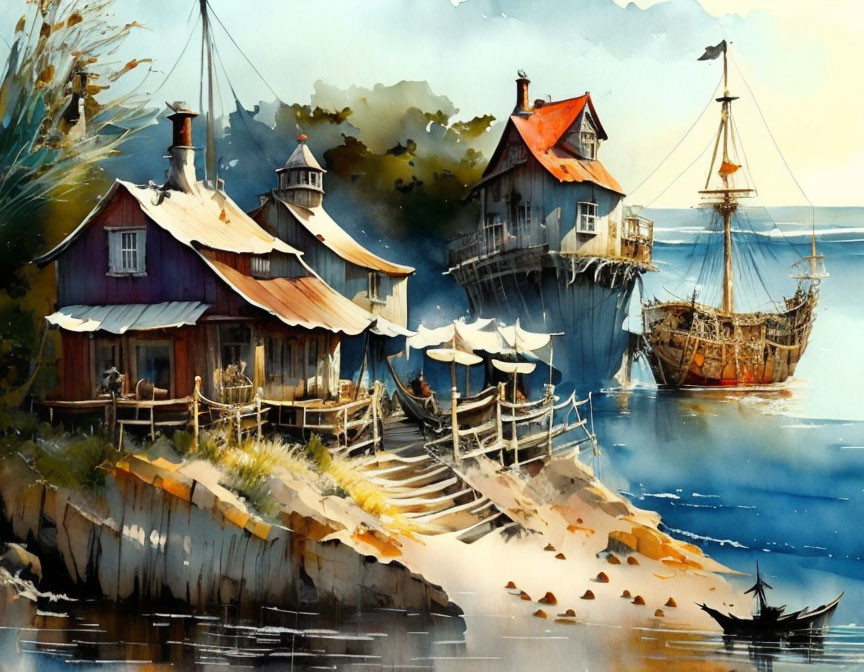 Coastal Scene Watercolor: Wooden Houses, Lighthouse, Sailing Ship