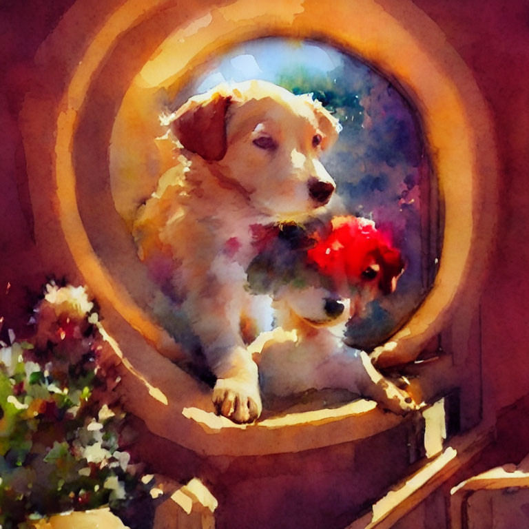 Two dogs peeking through round window with bouquet in watercolor style