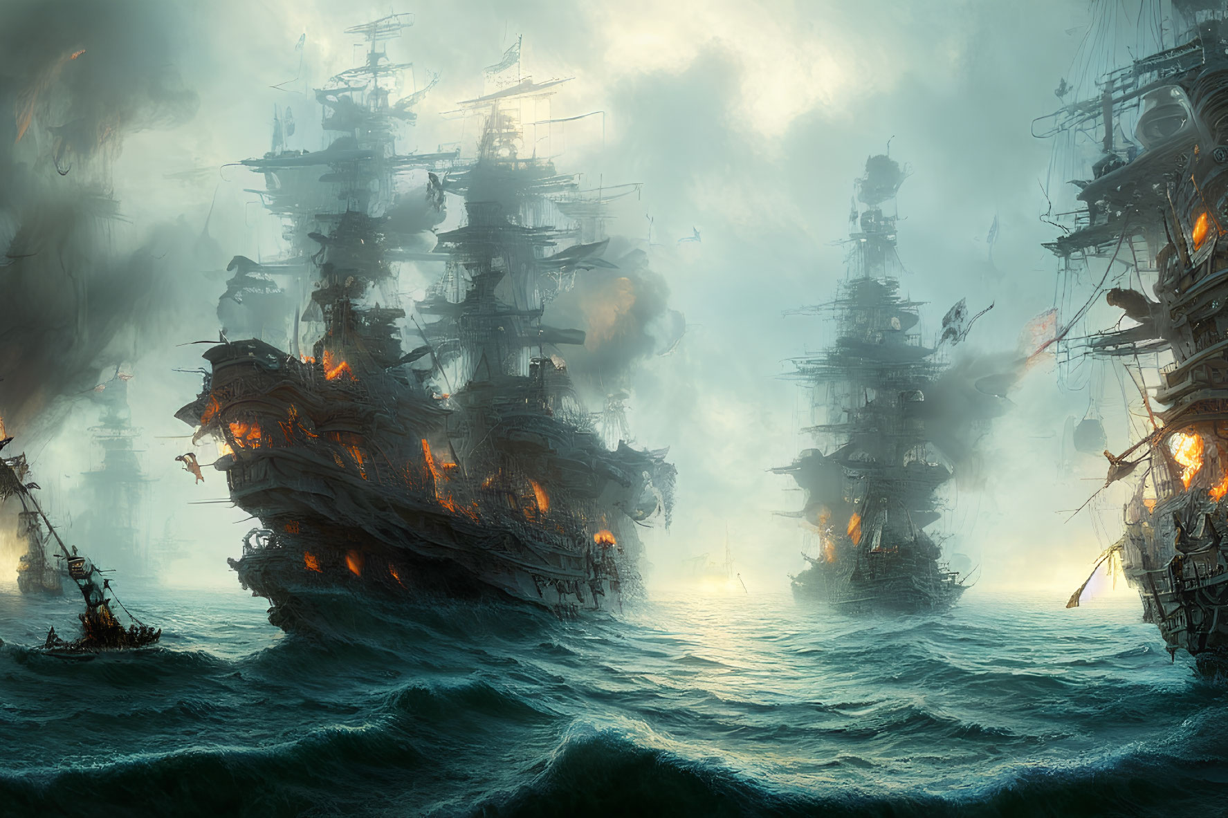 Turbulent sea battle with sailing ships, smoke, flames, and stormy sky