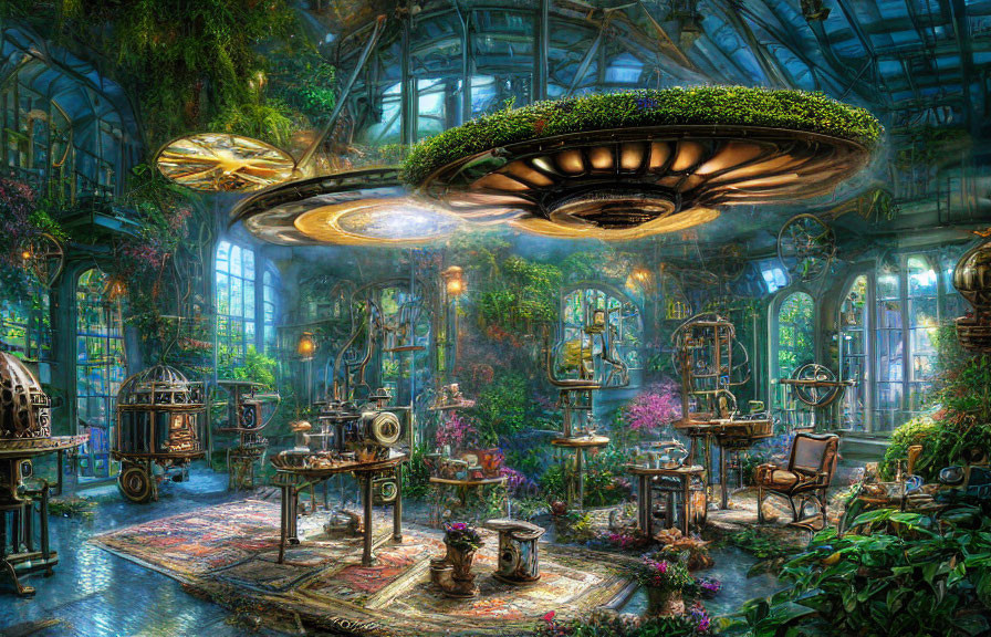 Fantastical greenhouse with lush plants and whimsical machinery