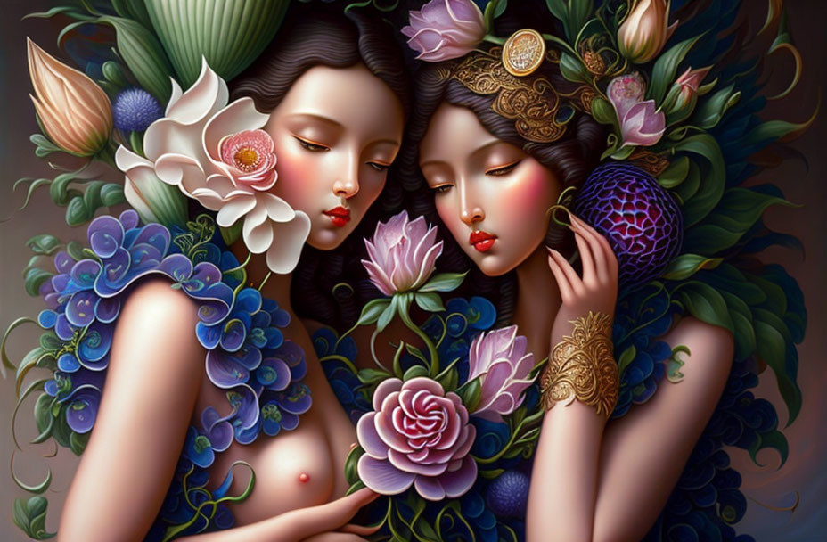 Stylized women with ornate hair and floral adornments in richly colored art.