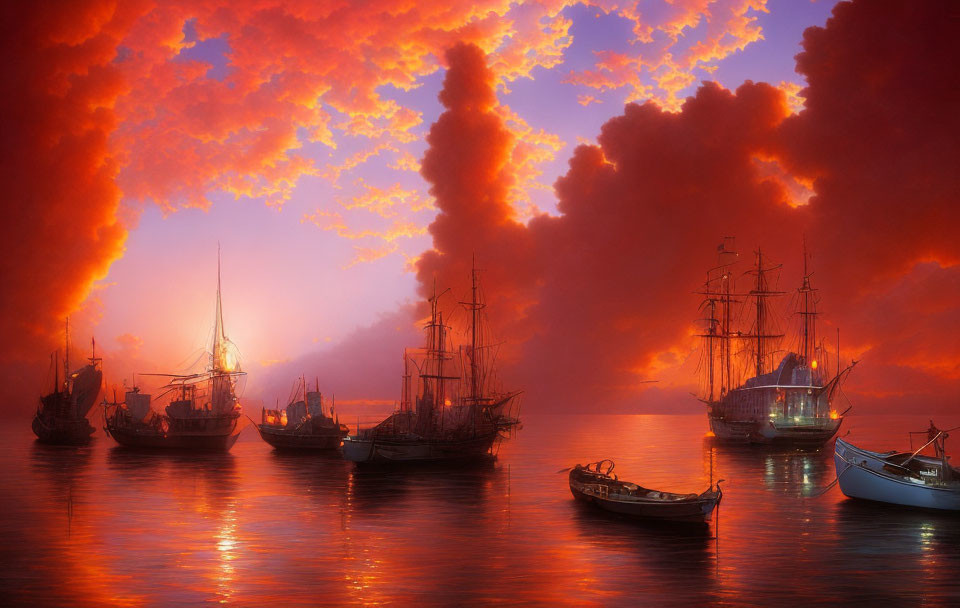 Vivid sunset at sea with sailing ship silhouettes in orange-red sky