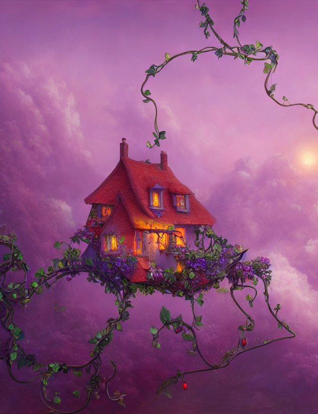 Whimsical cottage on spiraling vine with purple foliage under violet sky