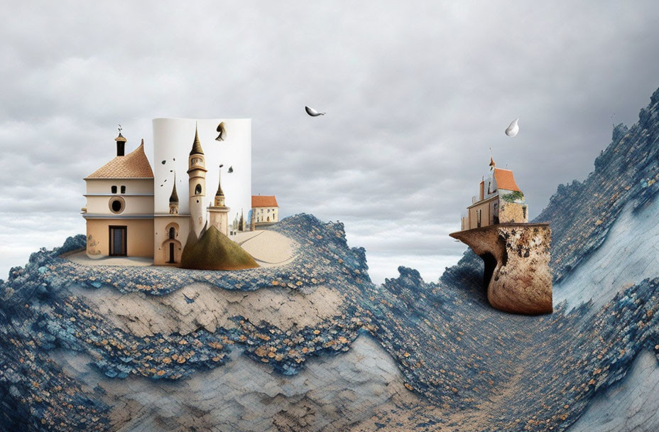 Surreal image of European-style building unfolding on cliff and flat surface under cloudy sky