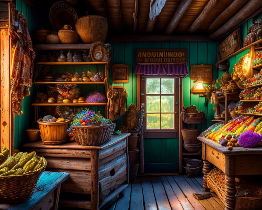 Rustic wooden cabin interior with colorful fruits and vegetables on display