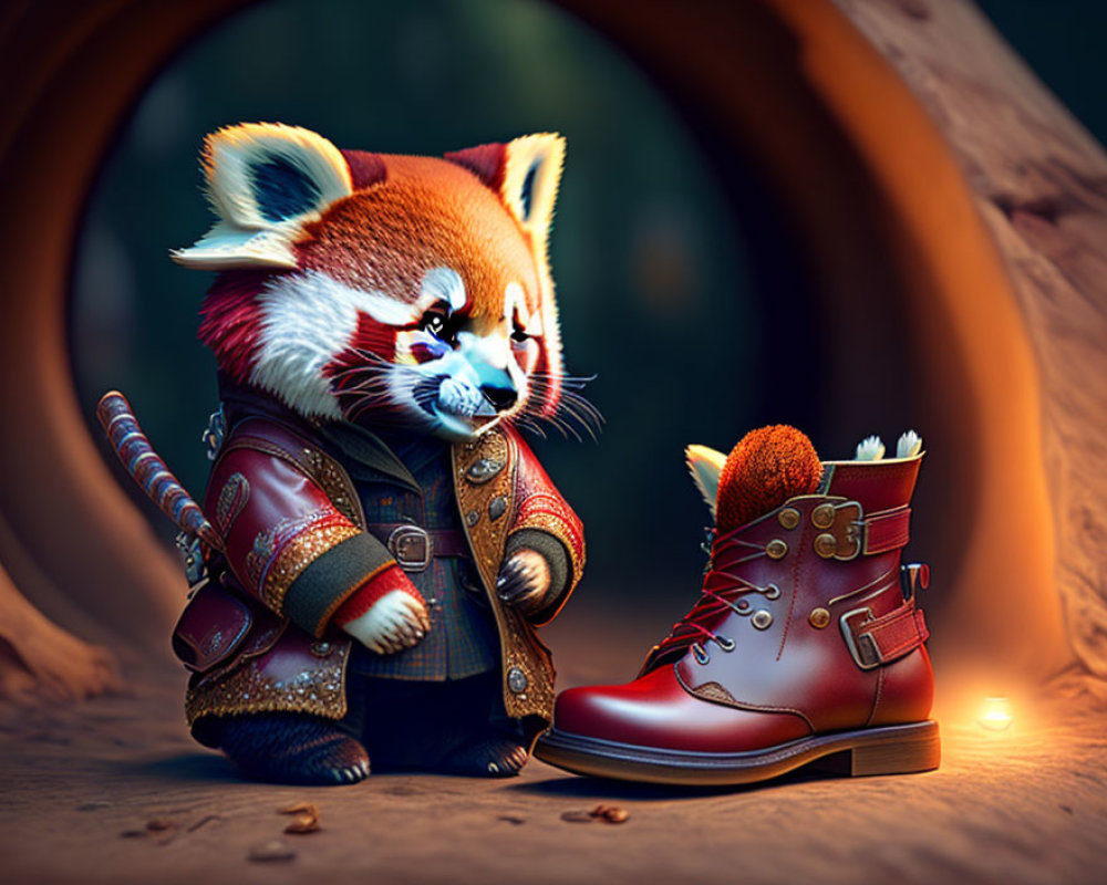 Medieval attire red panda next to large red boot in enchanted forest