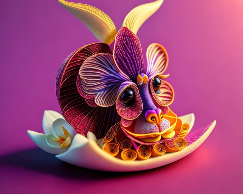 Whimsical paper art sculpture of creature with large eyes and ornate petals on purple background