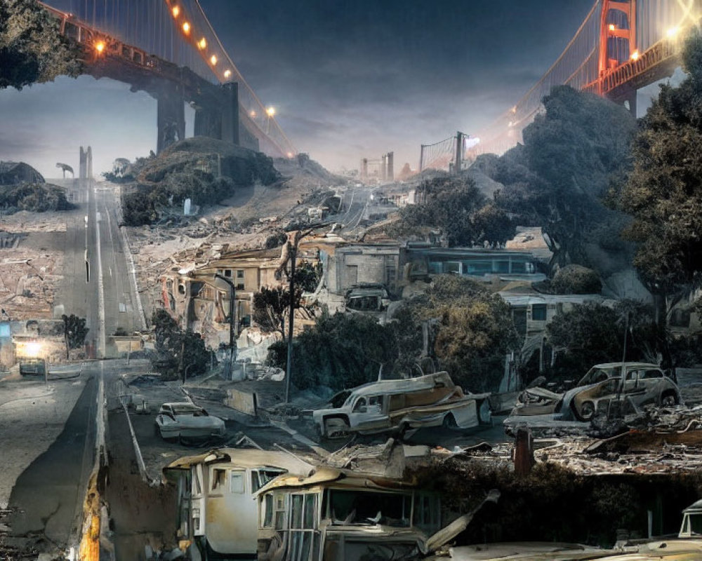 Deserted post-apocalyptic city with wrecked vehicles and intact bridge.