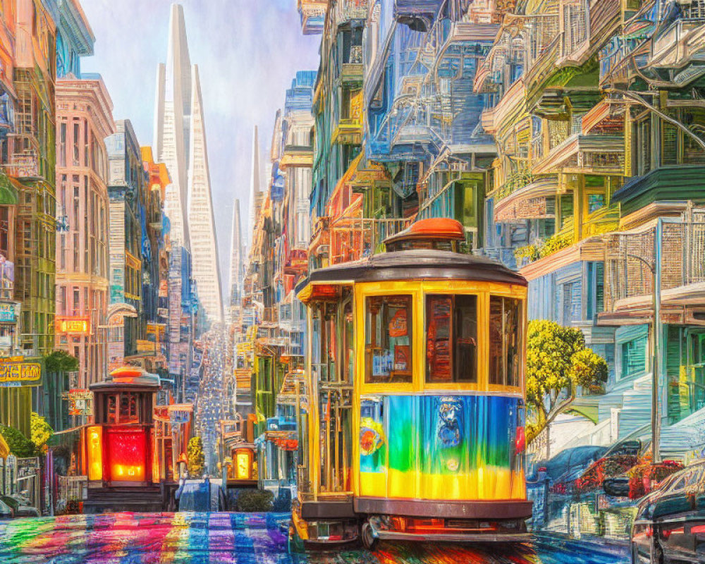 Colorful San Francisco Street View with Cable Cars & Victorian Houses