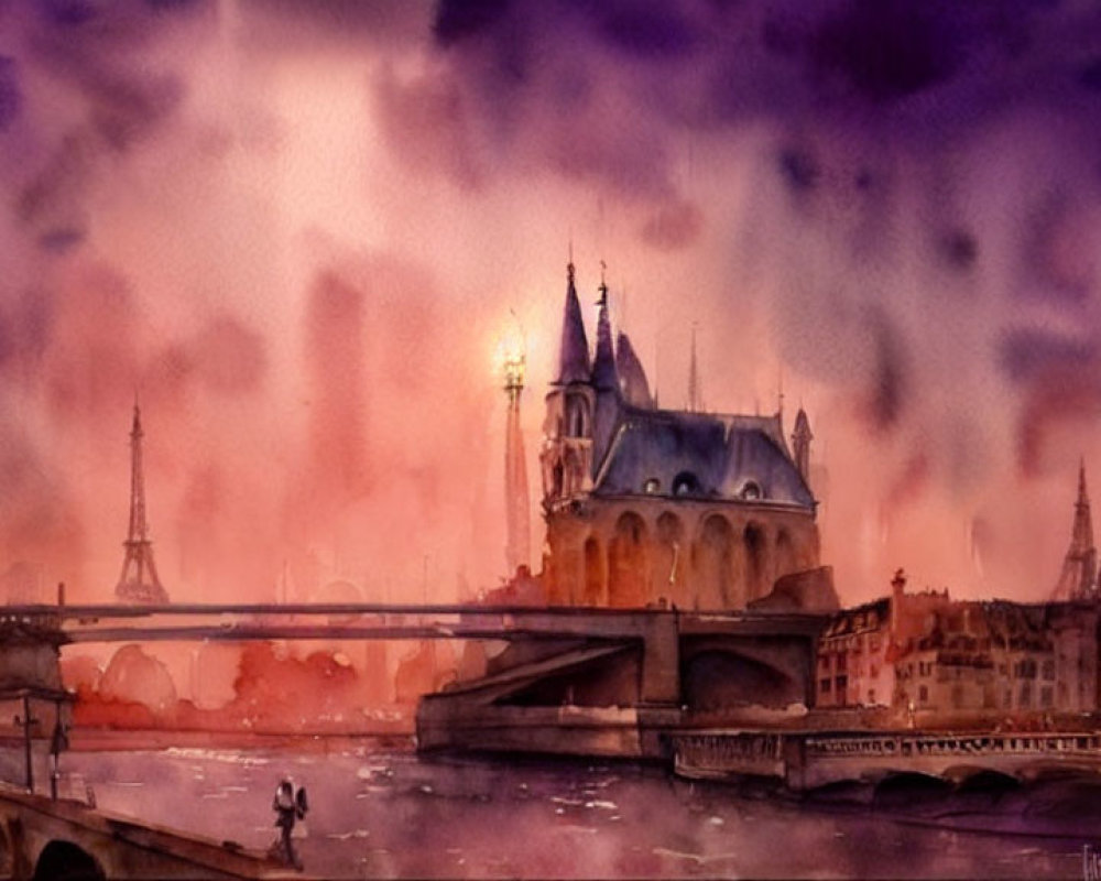 Parisian Scene Watercolor Painting with Eiffel Tower and Notre Dame at Twilight