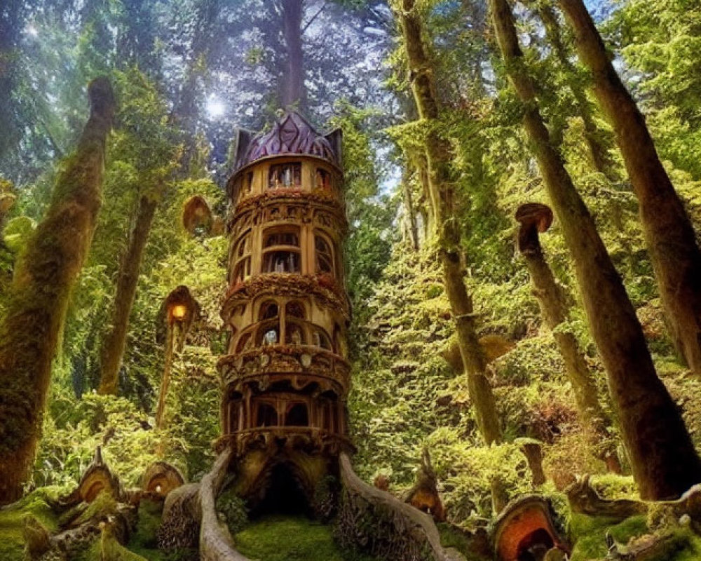 Whimsical treehouse with intricate designs in an enchanting forest