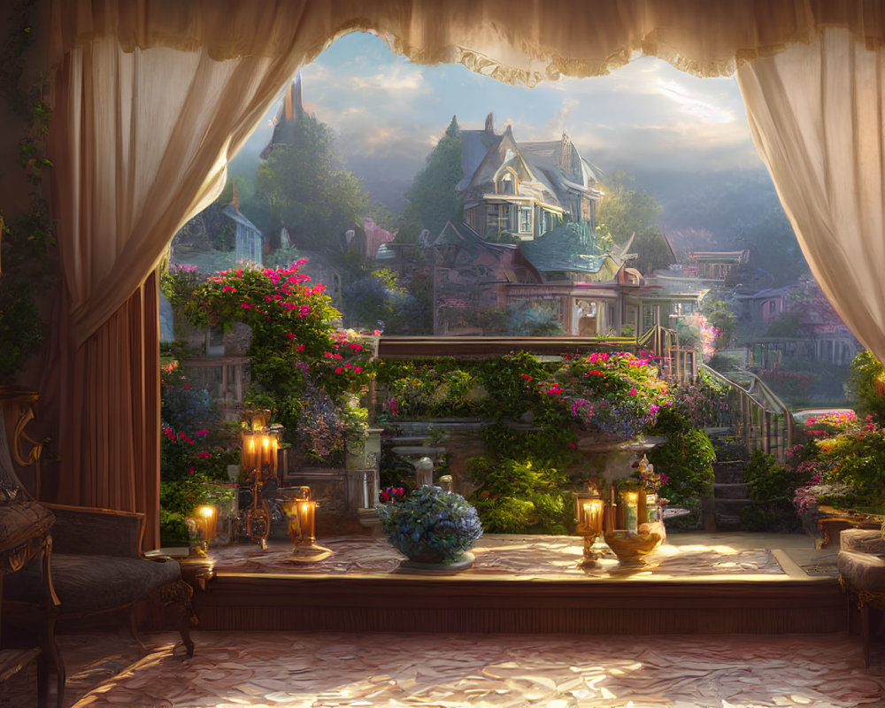 Cozy interior overlooking fairy-tale village at sunset