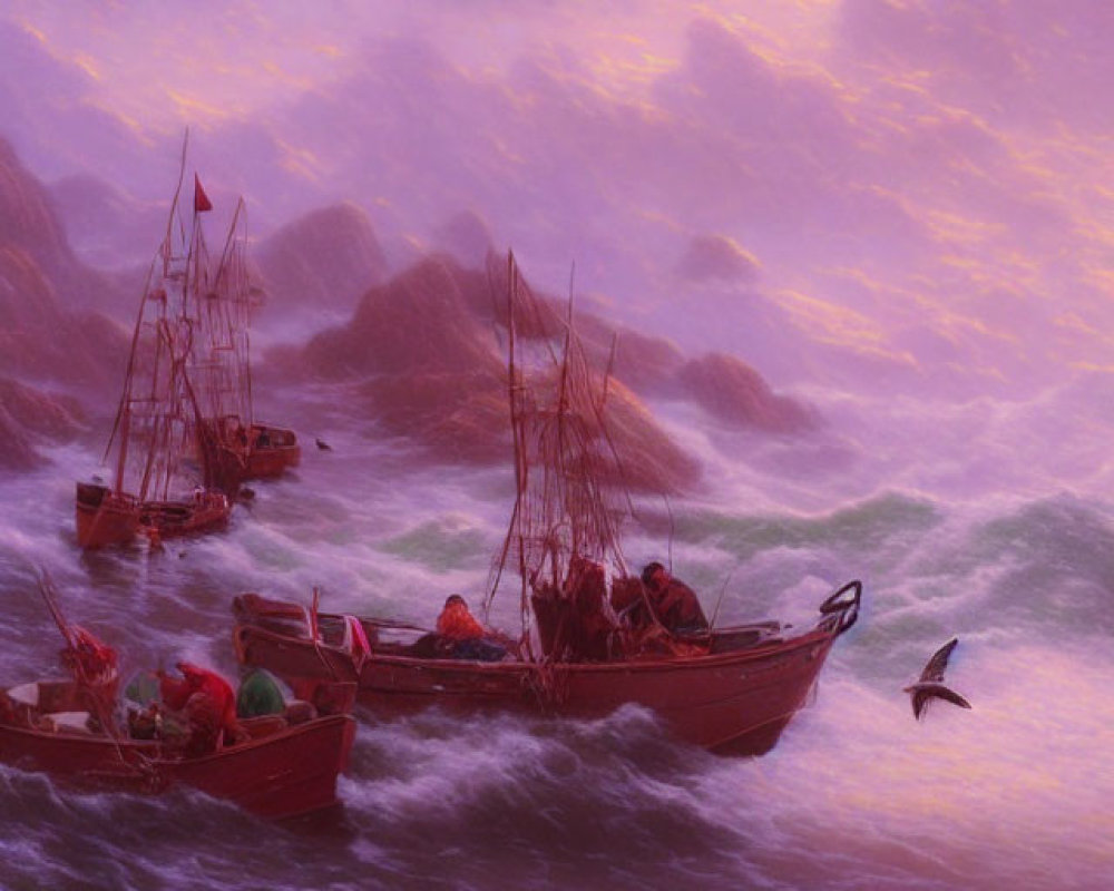 Sailing ships in purple waters with seagulls in misty twilight