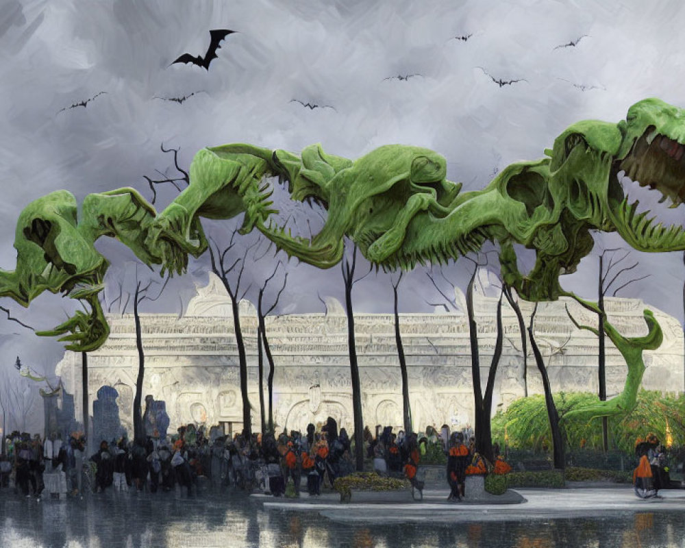 Giant green skeletal snake-like creature in stormy sky above classical building with bats