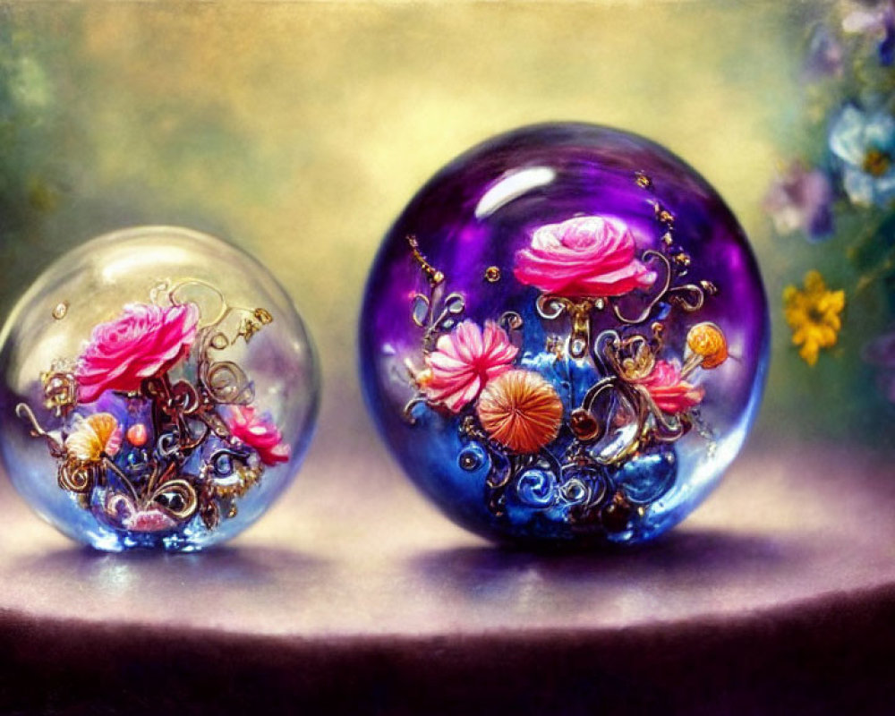 Ornate glass spheres with floral designs on soft surface among blooming flowers