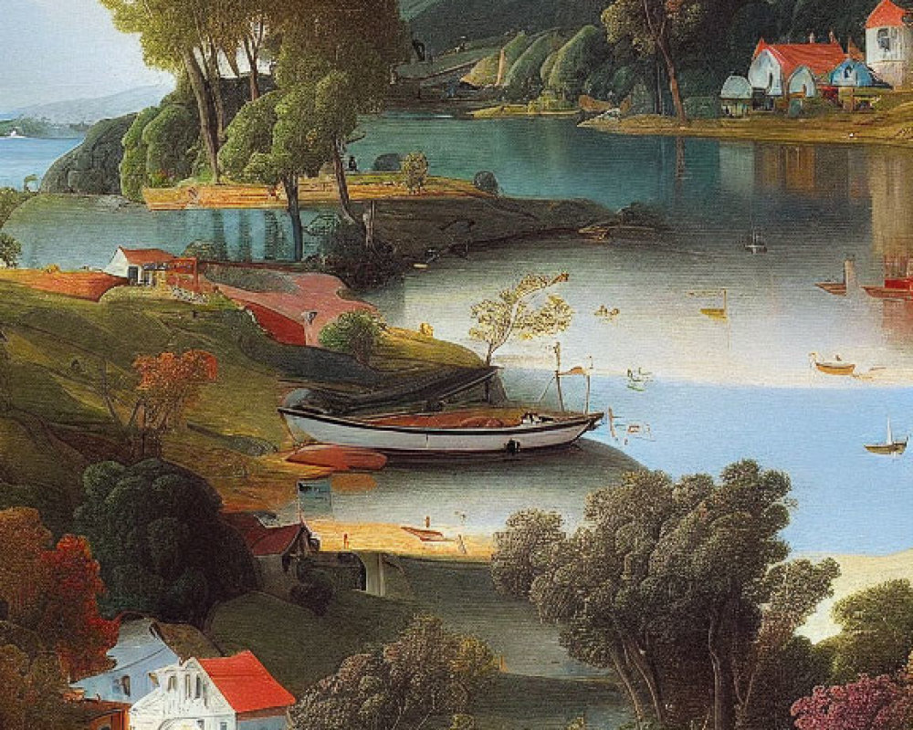 Tranquil landscape with boats, water, trees, houses, and people.