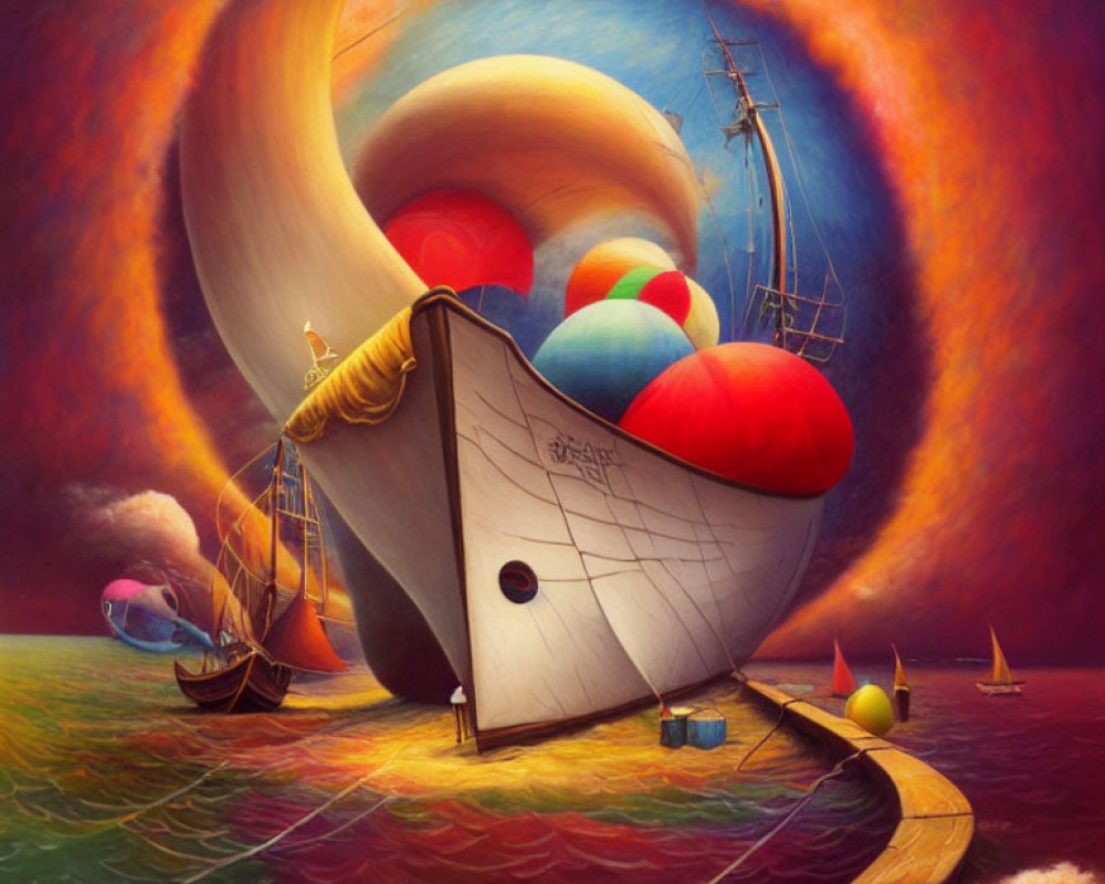 Colorful Surreal Ship Painting with Balloons Floating in Vibrant Sky