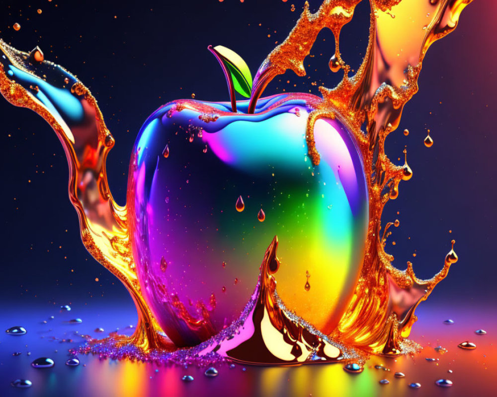 Colorful apple with liquid gold splash on deep blue background