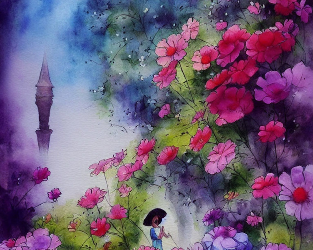 Person with Umbrella in Watercolor Among Pink and Purple Flowers Under Starry Sky with Tower Silhouette